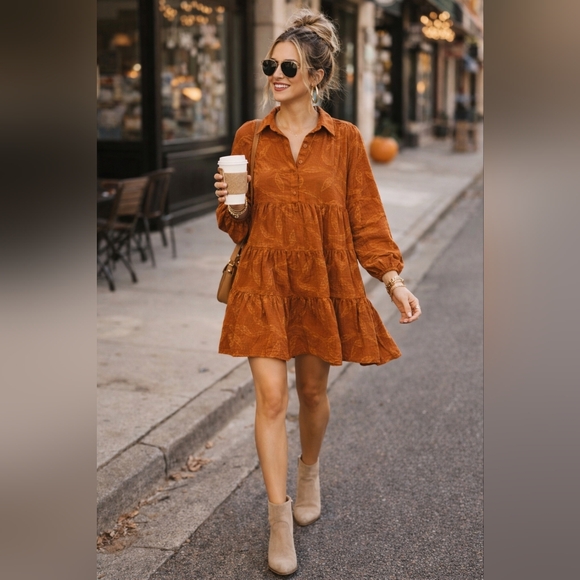 Umgee Dresses & Skirts - Umgee Rust Boho Babydoll Dress Medium Tiered Flowy Fall Boutique